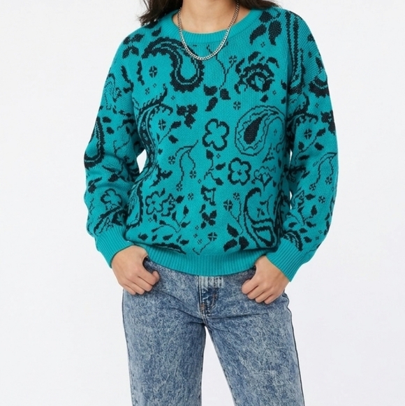 Vintage Sweaters - Vintage Retro 80's Teal Black Sweater